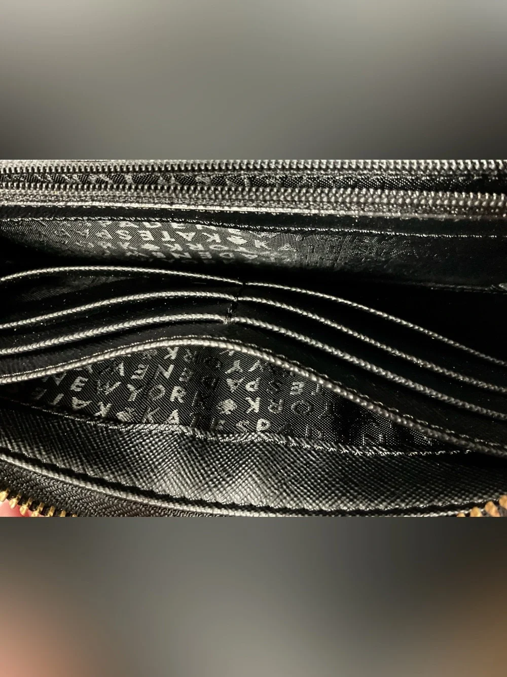 Kate Spade-“WILSON”-durable, black nylon fabric -beaded zip around wallet